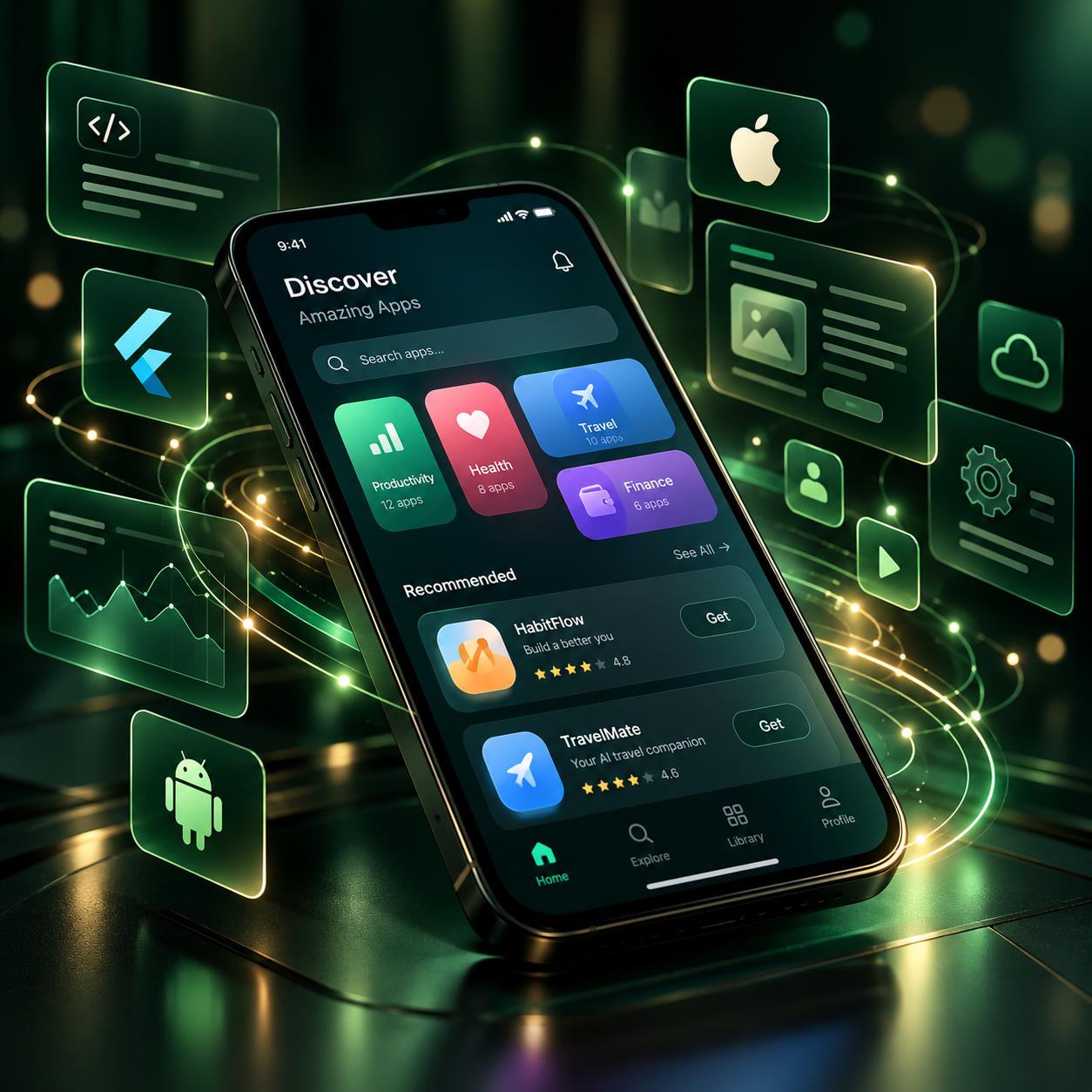 Neon mobile app ecosystem representing MediSync Mobile App